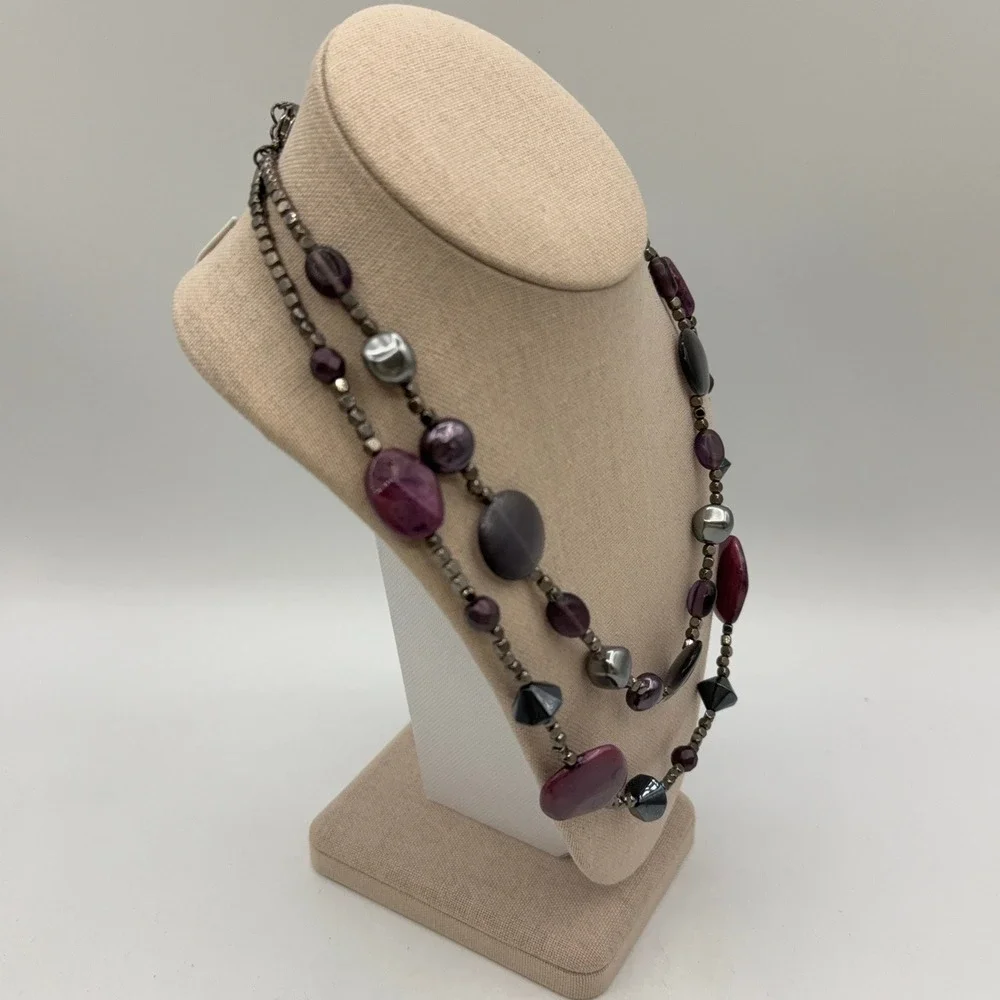 Chico's Beaded Necklace Purple Grey Double Strand Layered Boho Statement Artsy
